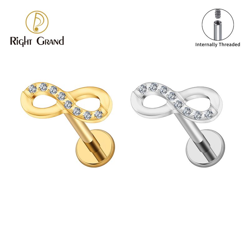 Right Grand ASTM F136 Titanium Internal Thread CZ Infinity Symbol Stud Earring 16G Cartilage Helix Tragus Stud Flat Back Labret Piercing Jewelry