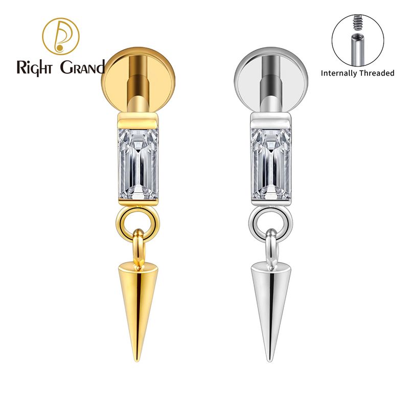 Right Grand ASTM F136 Titanium Square CZ Stud Cone Spike Dangle Earring 16G Internally Threaded Flat Back Labret Piercing
