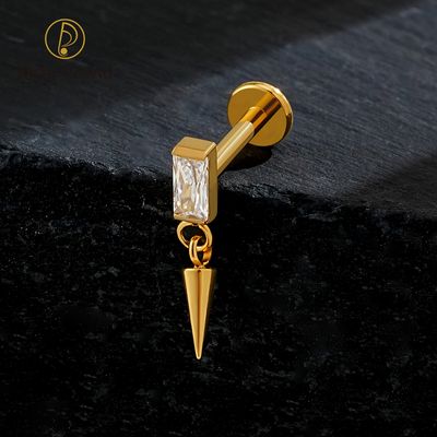 Right Grand ASTM F136 Titanium Square CZ Stud Cone Spike Dangle Earring 16G Internally Threaded Flat Back Labret Piercing