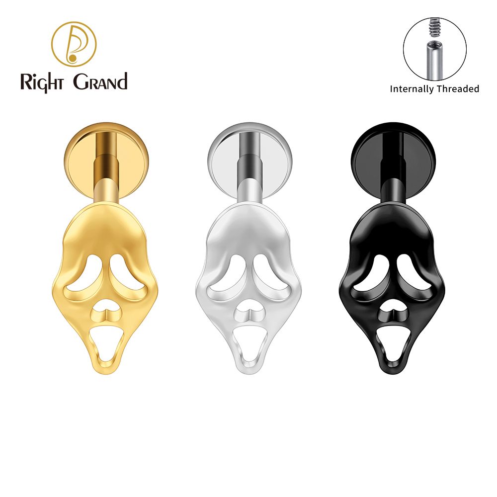Right Grand ASTM F136 Titanium Internal Thread Ghost Face Flat Back Earring 16G Halloween Cartilage Helix Labret Stud Nose Piercing Jewelry