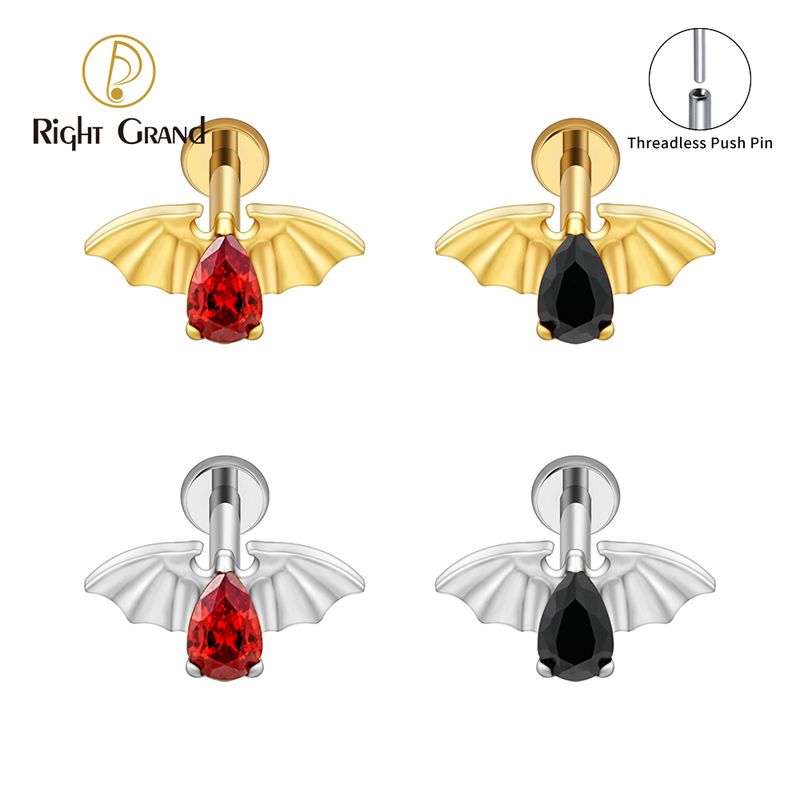 Right Grand ASTM F136 Titanium 16G/18G Threadless Push Pin Flying Bat Cartilage Piercing 16G Vampire Bat Flat Back Helix Tragu Stud Halloween Jewelry