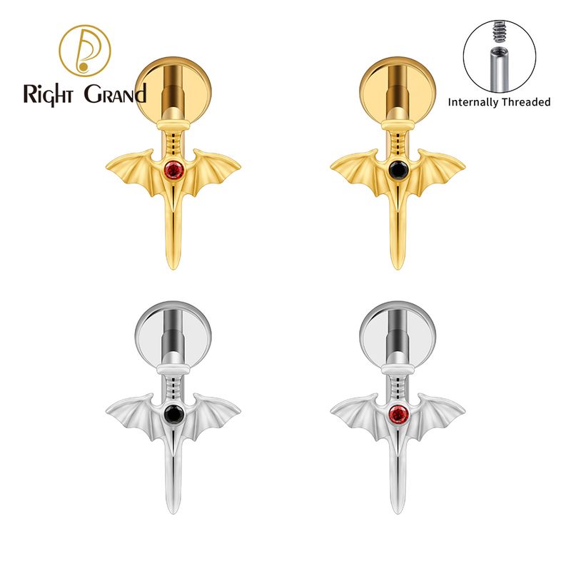 Right Grand ASTM F136 Titanium Internal Thread Wing Sword Cartilage Piercing 16G Vampire Bat Flat Back Helix Stud Halloween Jewelry