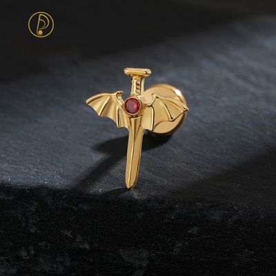 Right Grand ASTM F136 Titanium Internal Thread Wing Sword Cartilage Piercing 16G Vampire Bat Flat Back Helix Stud Halloween Jewelry