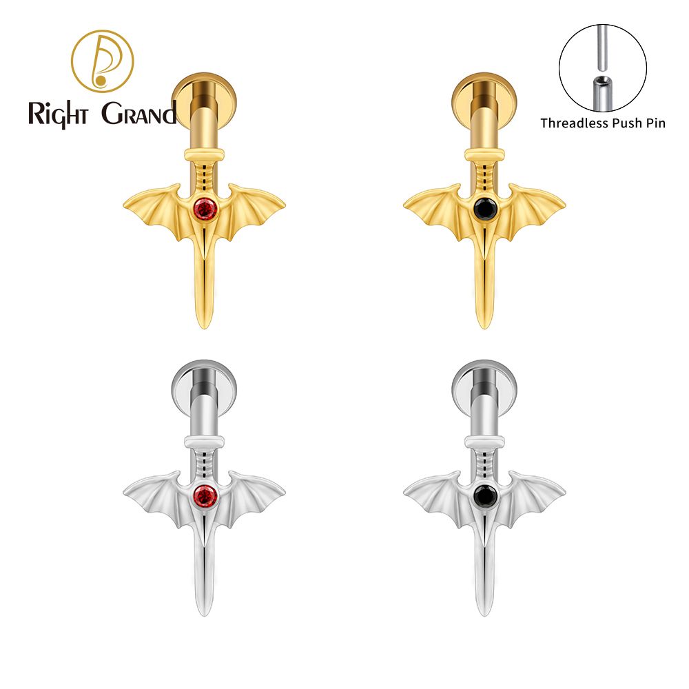 Right Grand ASTM F136 Titanium 16G/18G Threadless Push Pin Wing Sword Cartilage Piercing 16G Vampire Bat Flat Back Helix Stud Halloween Jewelry