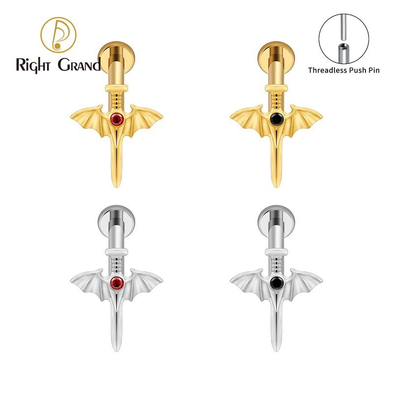 Right Grand ASTM F136 Titanium 16G/18G Threadless Push Pin Wing Sword Cartilage Piercing 16G Vampire Bat Flat Back Helix Stud Halloween Jewelry