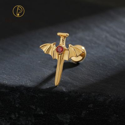 Right Grand ASTM F136 Titanium 16G/18G Threadless Push Pin Wing Sword Cartilage Piercing 16G Vampire Bat Flat Back Helix Stud Halloween Jewelry