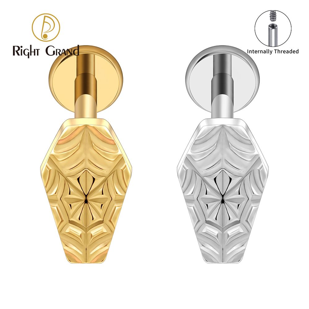 Right Grand ASTM F136 Titanium 16G Internal Thread Coffin with Spider Web Cartilage Piercing 16G Vampire Bat Flat Back Helix Stud Halloween Jewelry