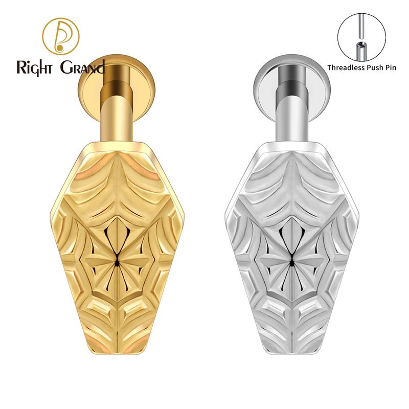 Right Grand ASTM F136 Titanium 16G/18G Threadless Push Pin Coffin with Spider Web Cartilage Piercing 16G Vampire Bat Flat Back Helix Stud Halloween Jewelry