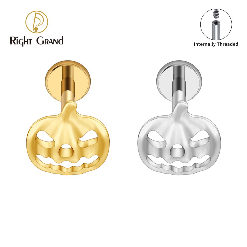 Right Grand ASTM F136 Titanium Internal Thread Jack O Lantern Halloween Labret Ring 16G Flat Back Cartilage Stud Earring Conch Helix Lip Piercing Jewelry