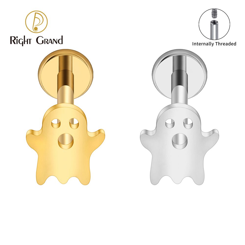 Right Grand ASTM F136 Titanium Internal Thread Ghost Halloween Labret Ring 16G Flat Back Cartilage Stud Earring Conch Helix Lip Piercing Jewelry