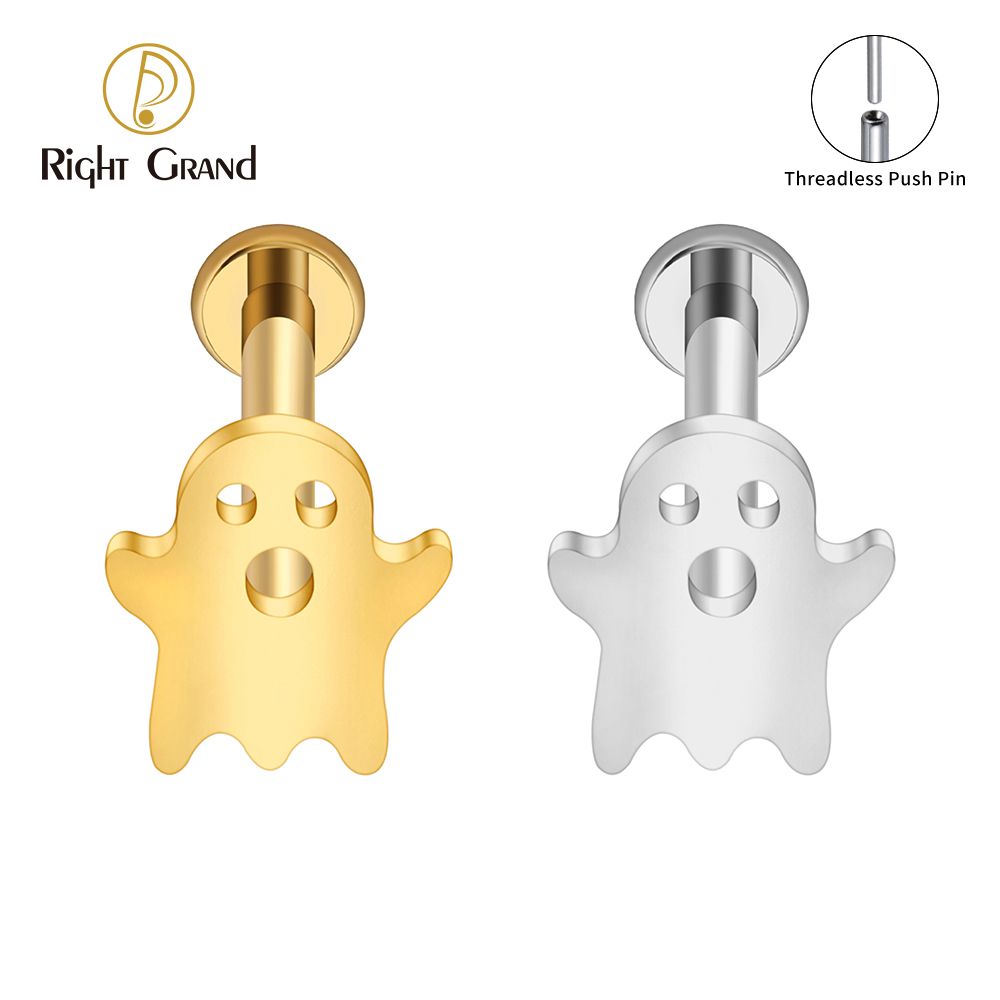 Right Grand ASTM F136 Titanium 16G/18G Threadless Push Pin Ghost Halloween Labret Ring Flat Back Cartilage Stud Earring Conch Helix Lip Piercing Jewelry