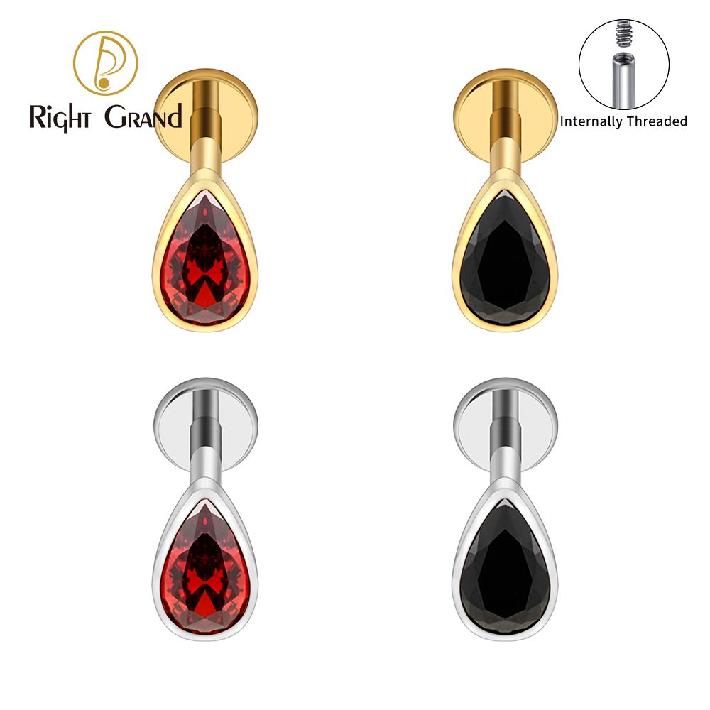 Right Grand ASTM F136 Titanium Internal Thread Teardrop Garnet Labret Ring 16G Flat Back Cartilage Stud Earring Conch Helix Lip Piercing Jewelry