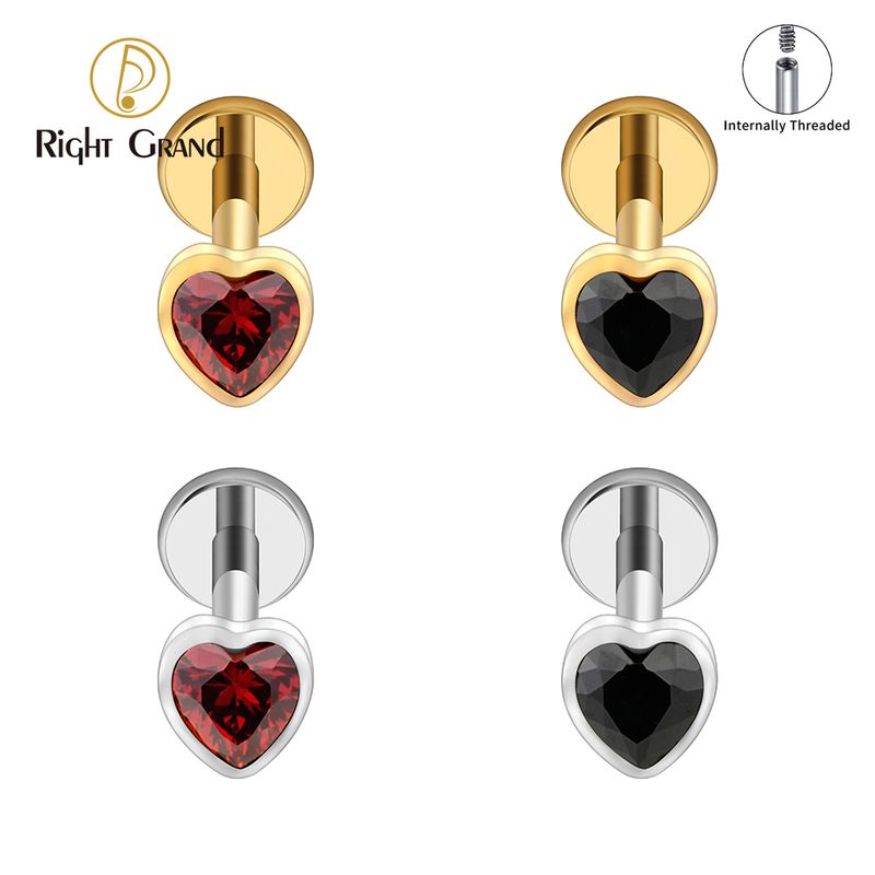 Right Grand ASTM F136 Titanium Internal Thread Heart Shaped CZ Labret Ring 16G Flat Back Cartilage Stud Earring Conch Helix Lip Piercing Jewelry