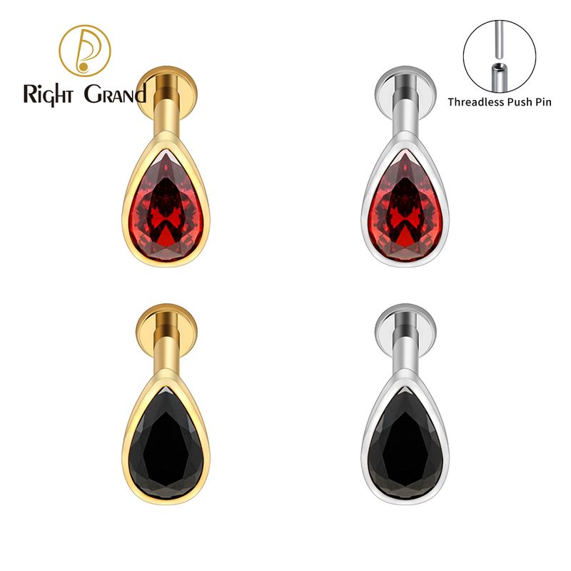 Right Grand ASTM F136 Titanium 16G/18G Threadless Push Pin Teardrop Garnet Labret Ring Flat Back Cartilage Stud Earring Conch Helix Lip Piercing Jewelry