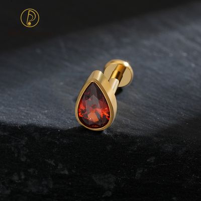 Right Grand ASTM F136 Titanium 16G/18G Threadless Push Pin Teardrop Garnet Labret Ring Flat Back Cartilage Stud Earring Conch Helix Lip Piercing Jewelry