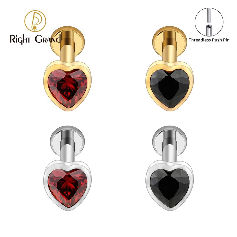 Right Grand ASTM F136 Titanium 16G/18G Threadless Push Pin Heart Shaped CZ Labret Ring Flat Back Cartilage Stud Earring Conch Helix Lip Piercing Jewelry
