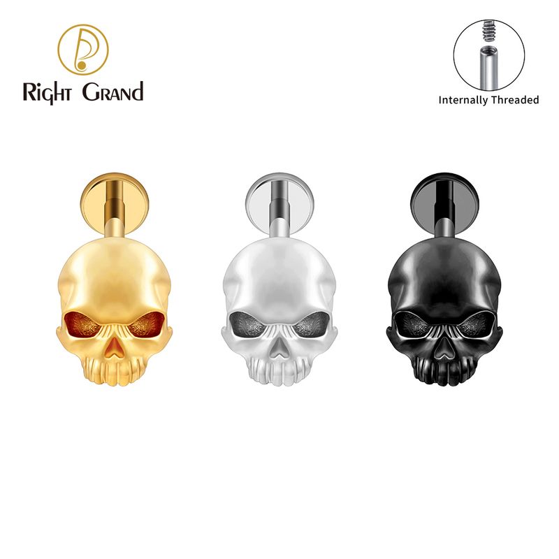 Right Grand ASTM F136 Titanium Internal Thread Skull Labret Ring 16G Flat Back Cartilage Stud Earring Conch Helix Lip Piercing Jewelry