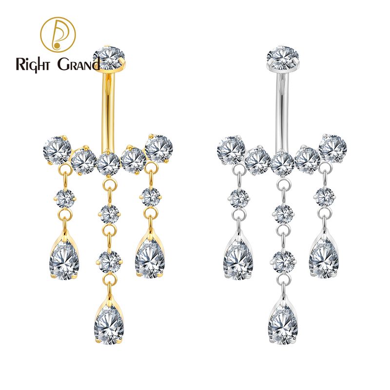 Right Grand ASTM F136 Titanium Teardrop CZ Dangle Belly Button Ring 14G Pear Drop Threaded Navel Curved Barbell Piercing Jewelry