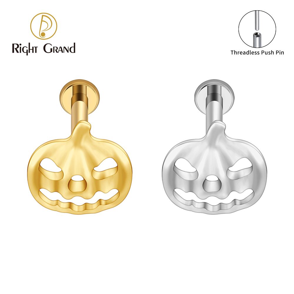 Right Grand ASTM F136 Titanium 16G/18G Threadless Push Pin Jack O Lantern Halloween Labret Ring Flat Back Cartilage Stud Earring Conch Helix Lip Piercing Jewelry