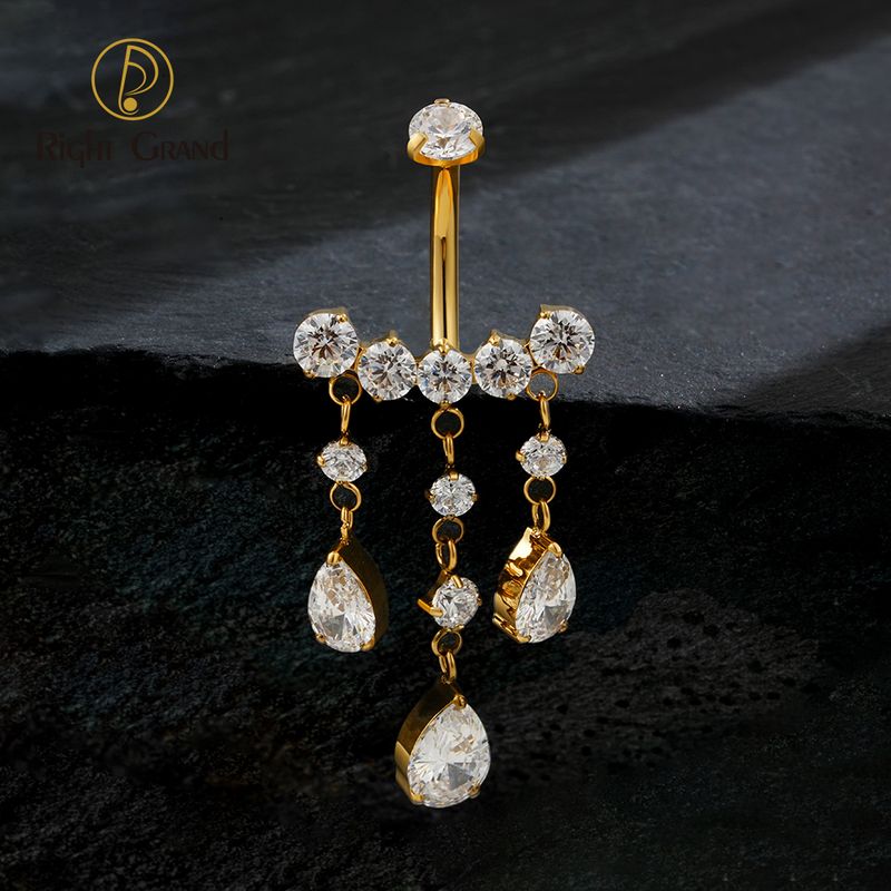 Right Grand ASTM F136 Titanium Teardrop CZ Dangle Belly Button Ring 14G Pear Drop Threaded Navel Curved Barbell Piercing Jewelry