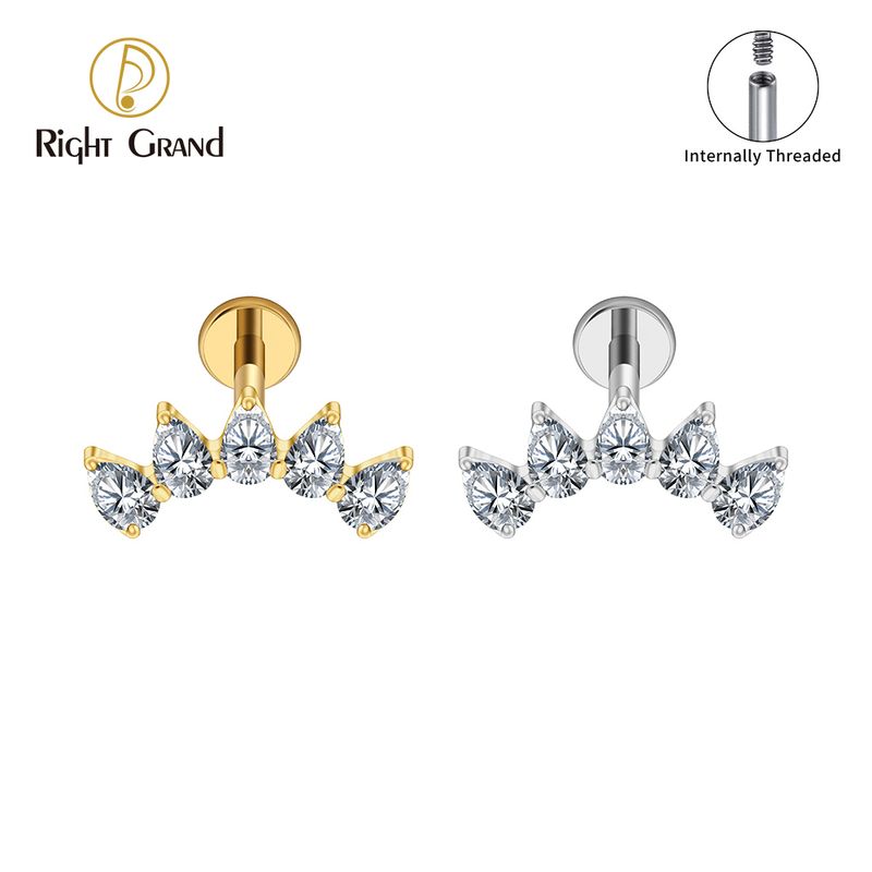 Right Grand ASTM F136 Titanium Internal Thread 5-Pear CZ Crown Cartilage Earring 16G Flat Back Stud Helix Tragus Labret Nose Piercing Jewelry
