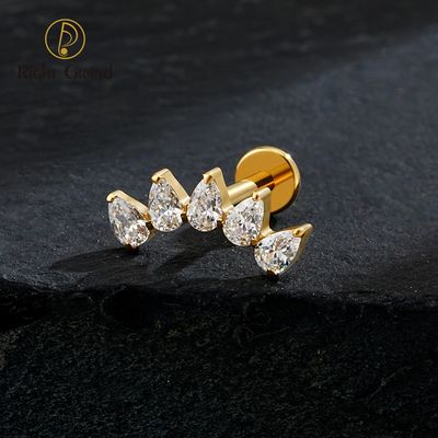 Right Grand ASTM F136 Titanium Internal Thread 5-Pear CZ Crown Cartilage Earring 16G Flat Back Stud Helix Tragus Labret Nose Piercing Jewelry