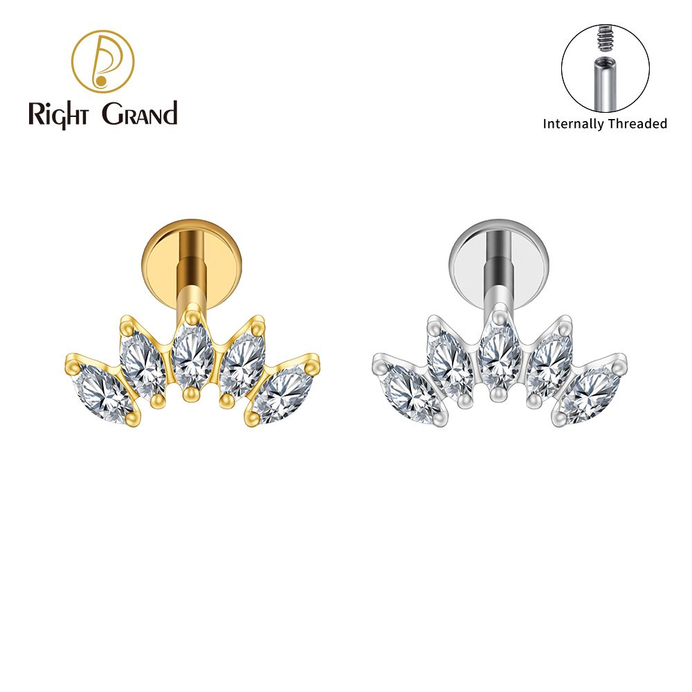 Right Grand ASTM F136 Titanium Internal Thread 5 Marquise CZ Crown Cartilage Earring 16G Cluster CZ Flat Back Helix Stud Nose Piercing Jewelry