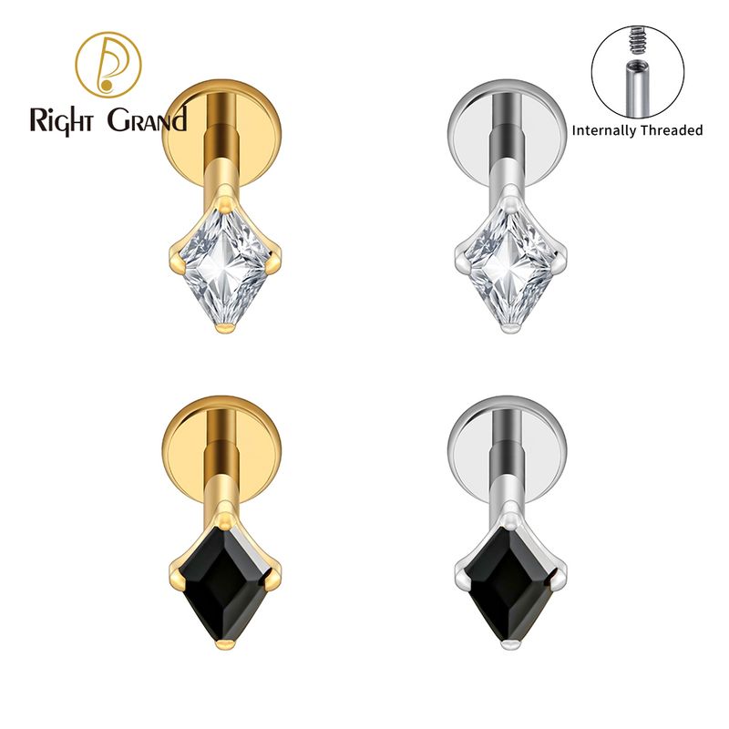 Right Grand ASTM F136 Titanium Rhombus CZ Internally Threaded Labret Stud 16G Flat Back Earring Cartilage Helix Nose Piercing