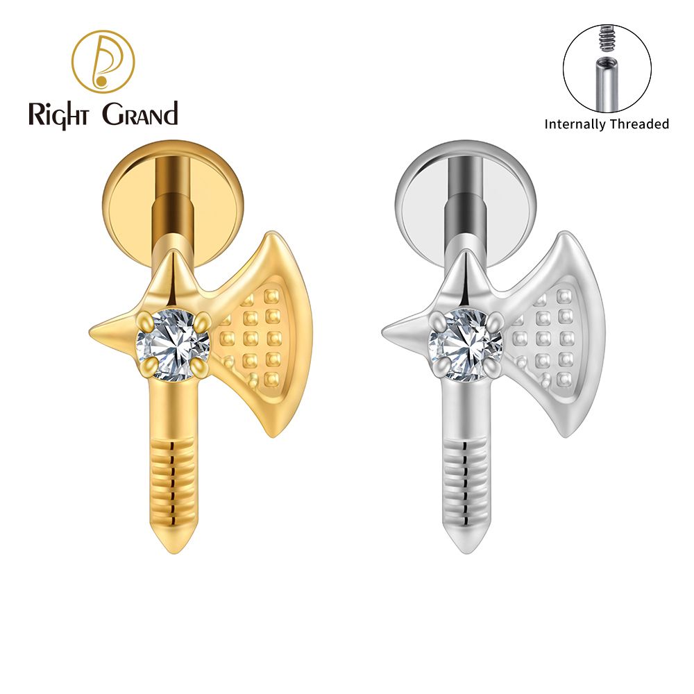 Right Grand ASTM F136 Titanium Internal Thread CZ Axe Stud Earring 16G Tiny Hatchet Cartilage Helix Tragus Labret Lip Piercing Retro Jewelry