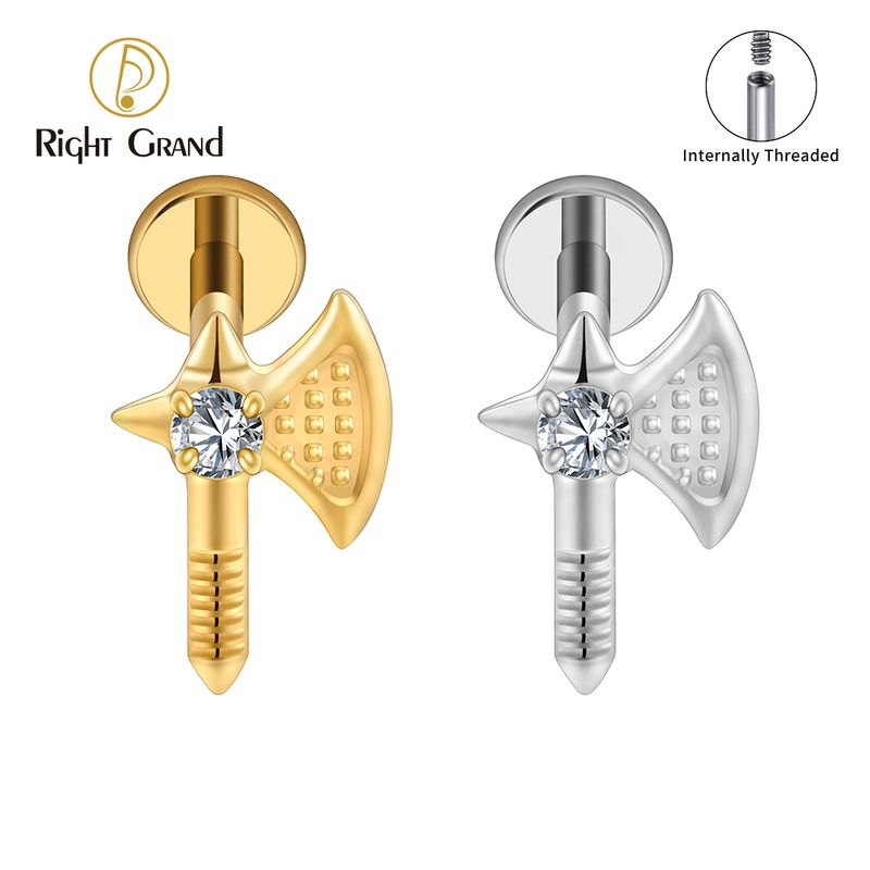 Right Grand ASTM F136 Titanium Internal Thread CZ Axe Stud Earring 16G Tiny Hatchet Cartilage Helix Tragus Labret Lip Piercing Retro Jewelry