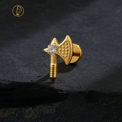 Right Grand ASTM F136 Titanium Internal Thread CZ Axe Stud Earring 16G Tiny Hatchet Cartilage Helix Tragus Labret Lip Piercing Retro Jewelry