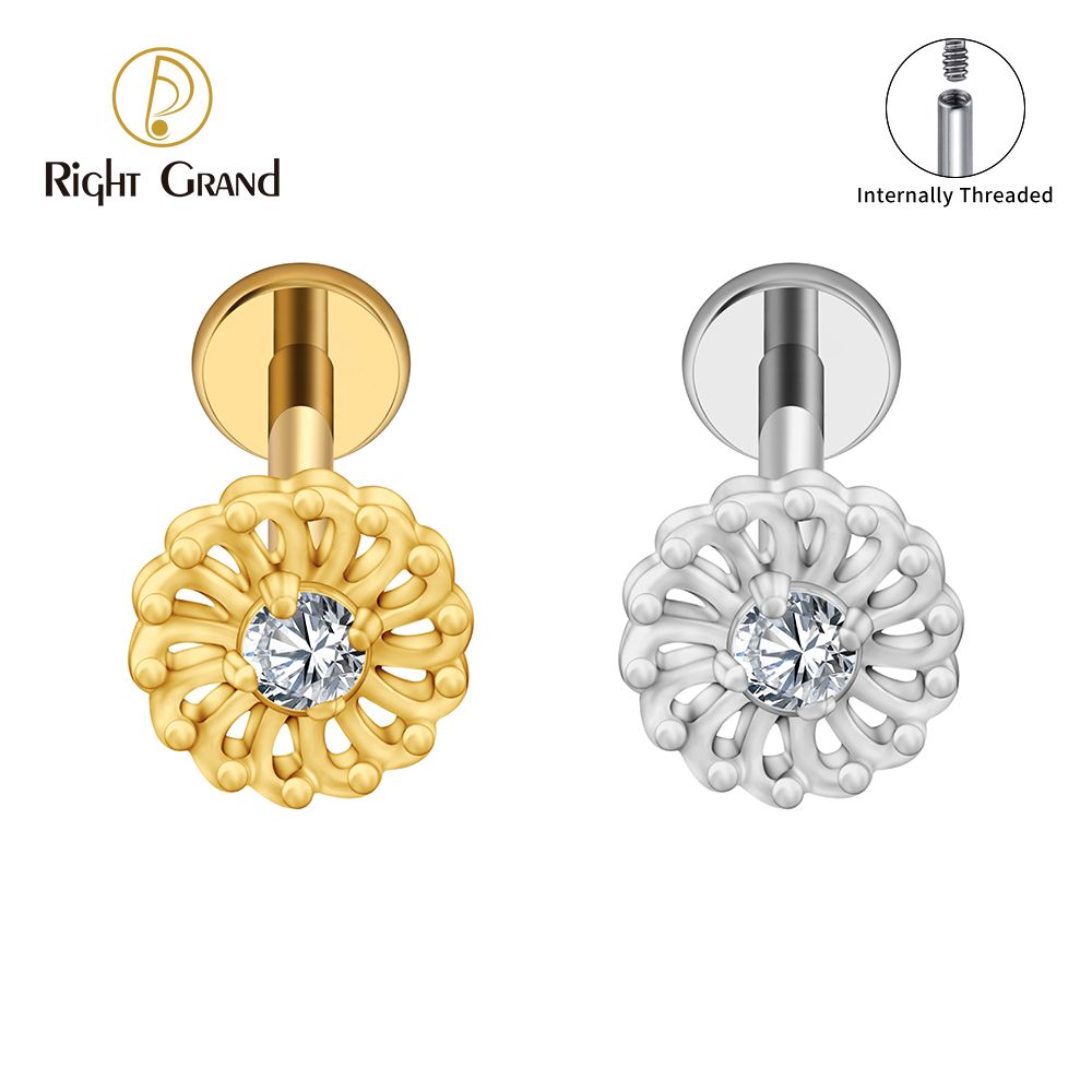Right Grand ASTM F136 Titanium Internal Thread Floral CZ Cartilage Earring 16G Classic Flower Helix Stud Tragus Nose Piercing Body Jewelry