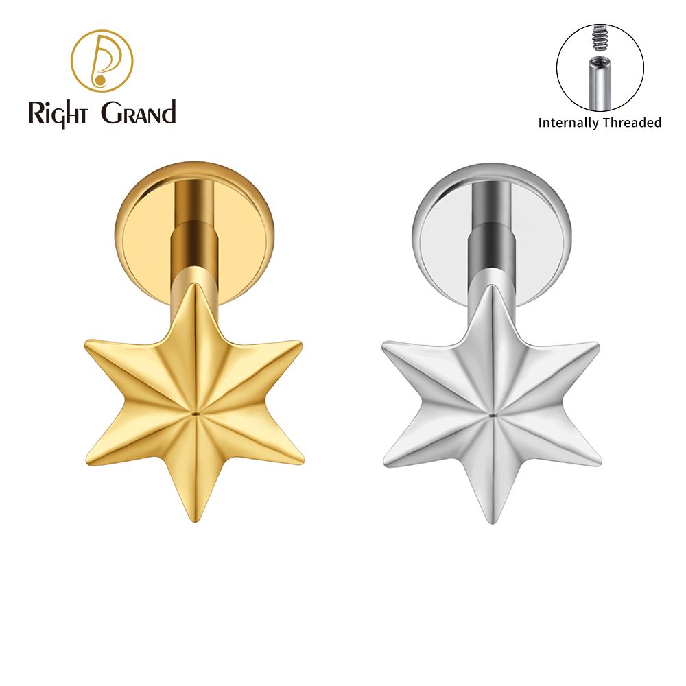 Right Grand ASTM F136 Titanium 3D Star Internal Thread Labret Stud 16G Six Point Star Cartilage Earring Flat Back Helix Tragus Piercing
