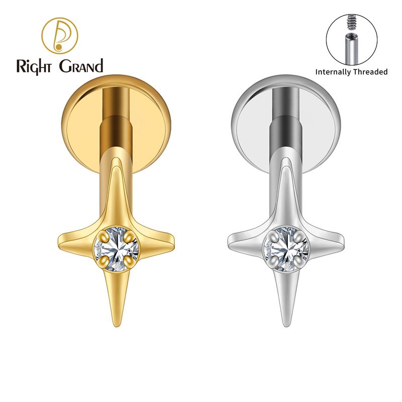 Right Grand ASTM F136 Titanium Internal Thread Four Point Star Flat Back Stud 16G Tiny CZ Cartilage Earring Helix Tragus Nose Piercing Jewelry