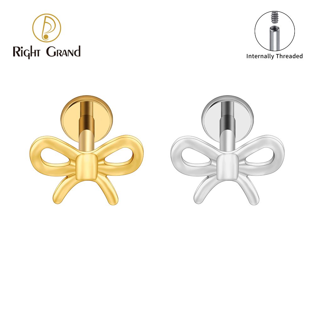 Right Grand ASTM F136 Titanium Internal Thread Bow Knot Flat Back Earring for Cartilage Helix Tragus Lobe 16G Tiny Knot Ear Piercing Nose Stud