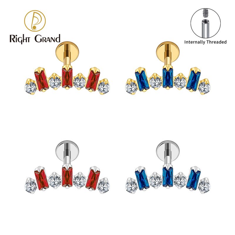 Right Grand ASTM F136 Titanium 16G Internal Threaded Baguette CZ Climber Stud Earring Cluster Cartilage Helix Labret Stud Piercing