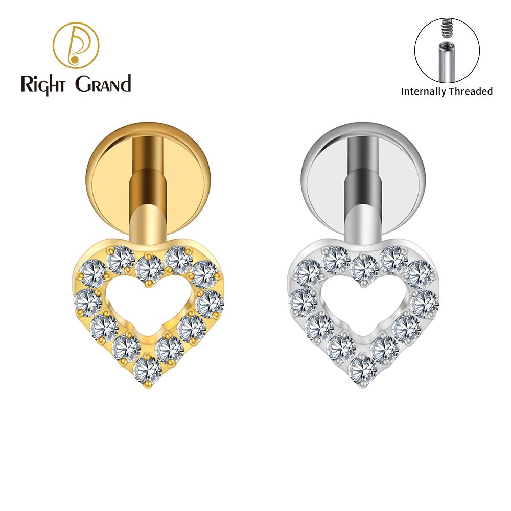 Right Grand ASTM F136 Titanium Internal Thread Mini Heart Cartilage Earring 16G Dainty Flat Back Labret Stud Tragus Helix Piercing Jewelry
