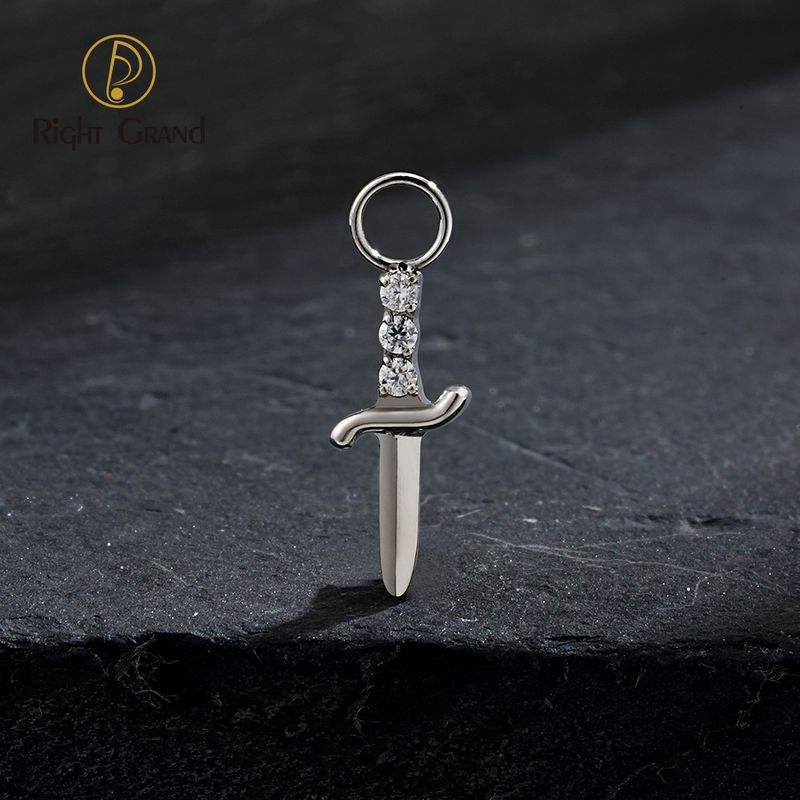 Right Grand ASTM F136 Titanium Knife Earring Charm with CZ Cute Poniard Drop Charm for Hoops Cartilage Piercing Body Jewelry