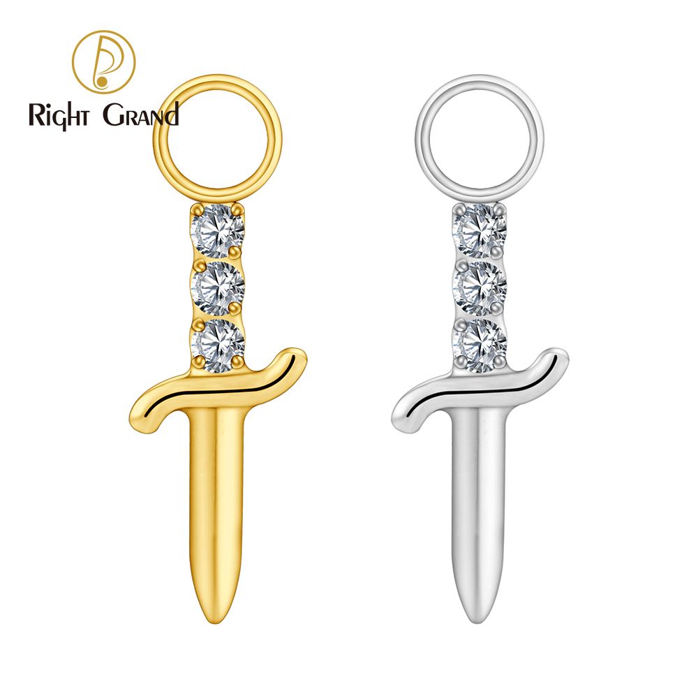 Right Grand ASTM F136 Titanium Knife Earring Charm with CZ Cute Poniard Drop Charm for Hoops Cartilage Piercing Body Jewelry