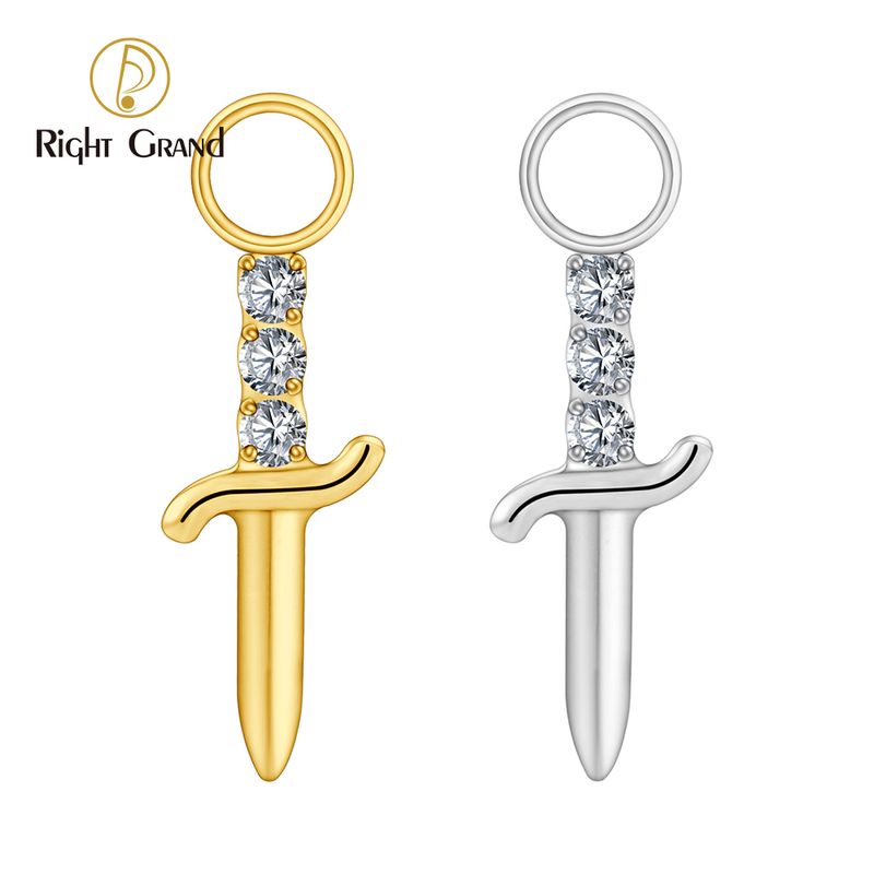 Right Grand ASTM F136 Titanium Knife Earring Charm with CZ Cute Poniard Drop Charm for Hoops Cartilage Piercing Body Jewelry