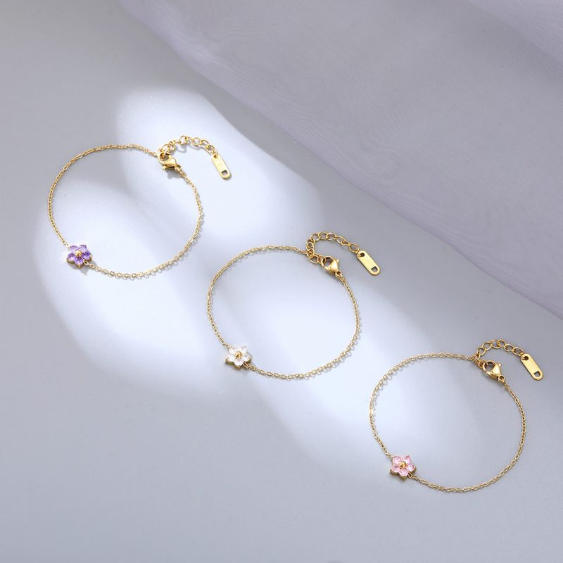 Right Grand Dainty Women Stainless Steel Thin Chain Adjustable Small Flower Bracelet Pink Crystal Bracelet