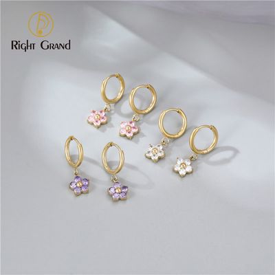 Right Grand Fashion Stainless Steel Small Flower Pink Crystal Earring Hoop Huggie Earrings