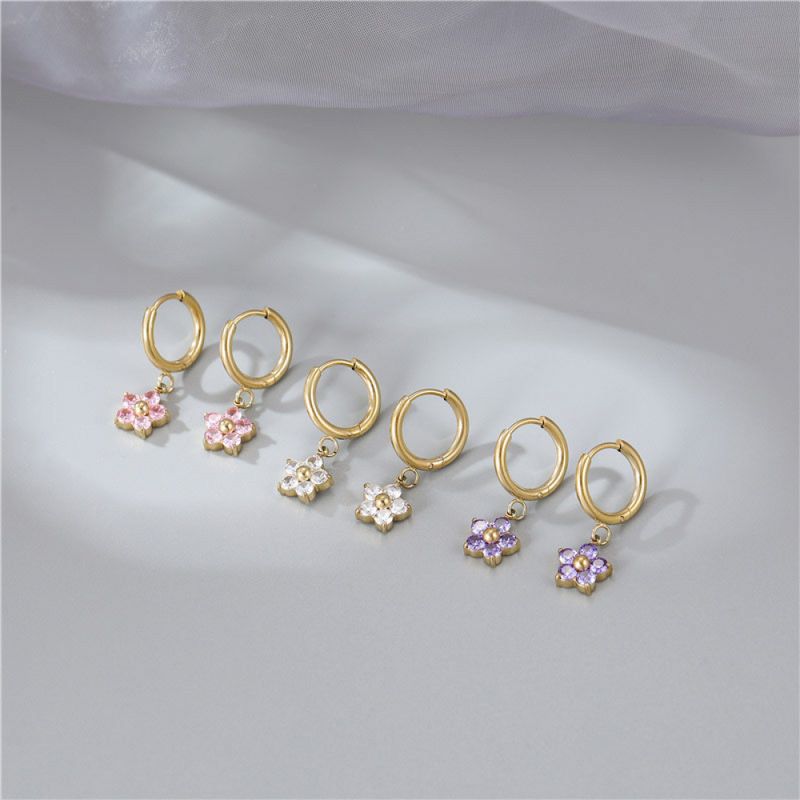 Right Grand Fashion Stainless Steel Small Flower Pink Crystal Earring Hoop Huggie Earrings