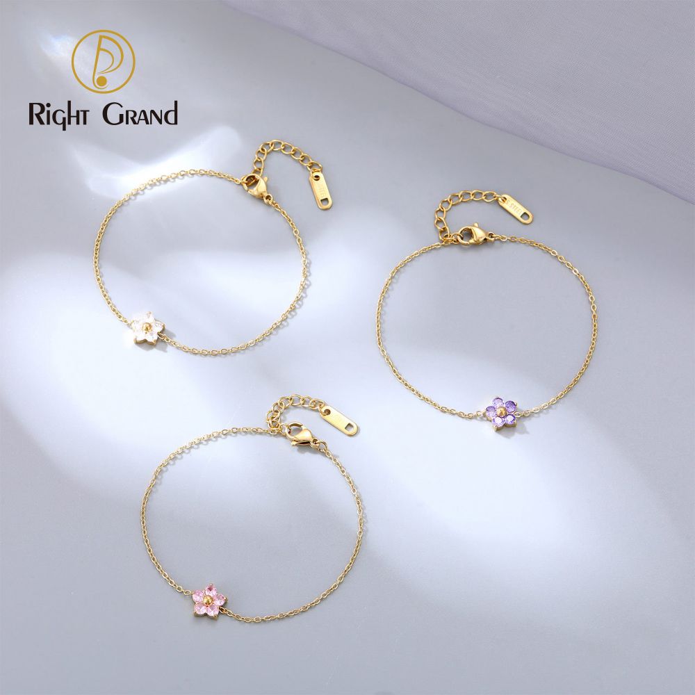 Right Grand Dainty Women Stainless Steel Thin Chain Adjustable Small Flower Bracelet Pink Crystal Bracelet