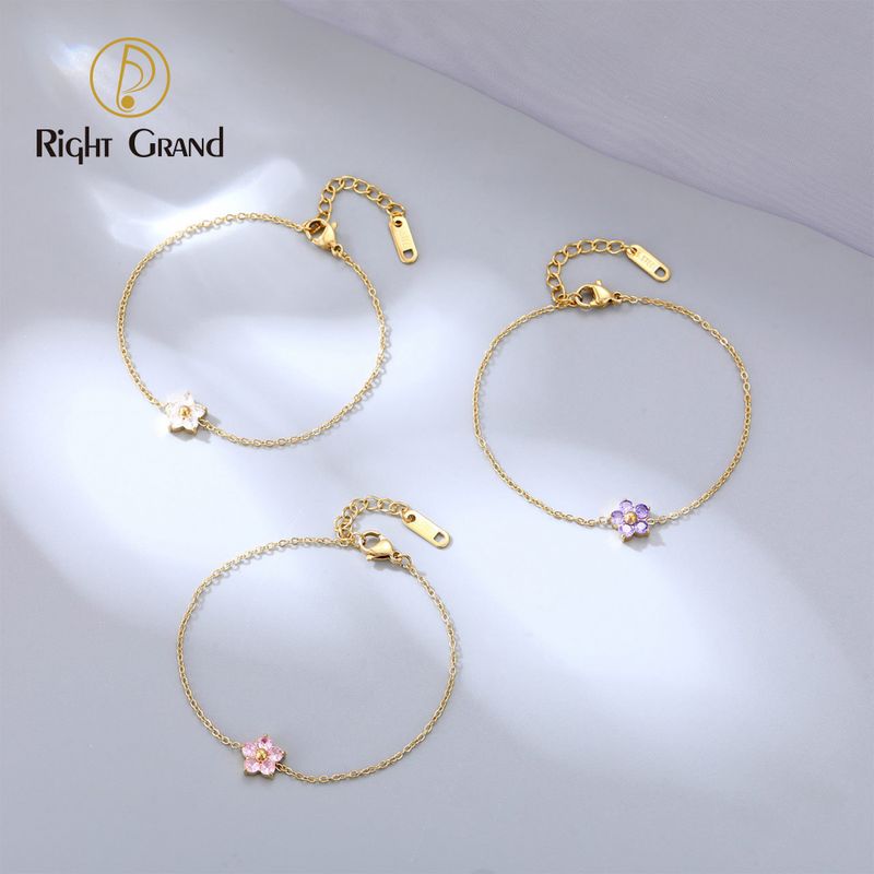Right Grand Dainty Women Stainless Steel Thin Chain Adjustable Small Flower Bracelet Pink Crystal Bracelet Right Grand Dainty Women Stainless Steel Thin Chain Adjustable Small Flower Bracelet Pink Crystal Bracelet