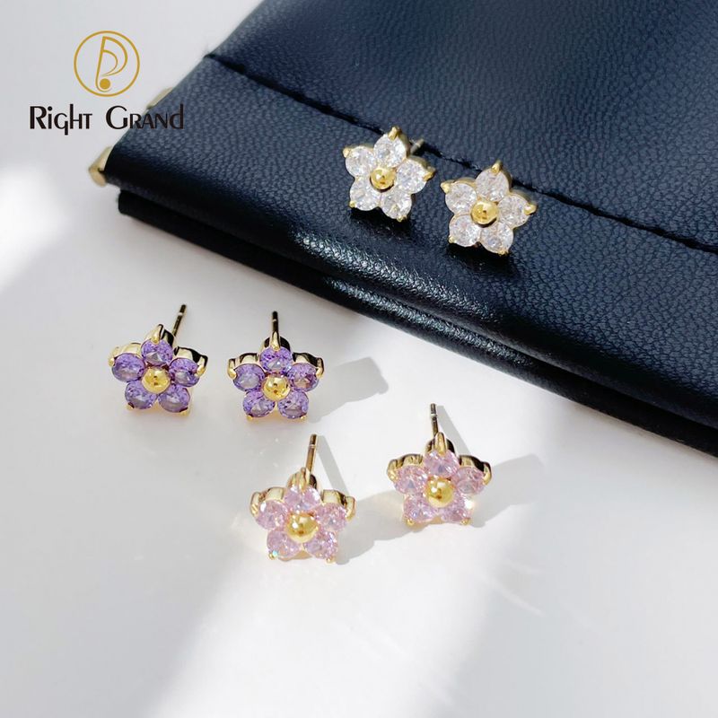 Right Grand Fashion Stainless Steel Small Flower Pink Crystal Earring Stud Earrings