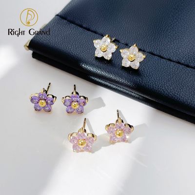 Right Grand Fashion Stainless Steel Small Flower Pink Crystal Earring Stud Earrings