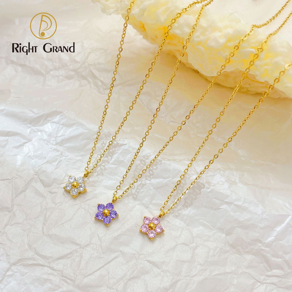 Right Grand Trendy Fashion Stainless Steel Thin Chain Small Flower Pink Crystal Pendant Necklace