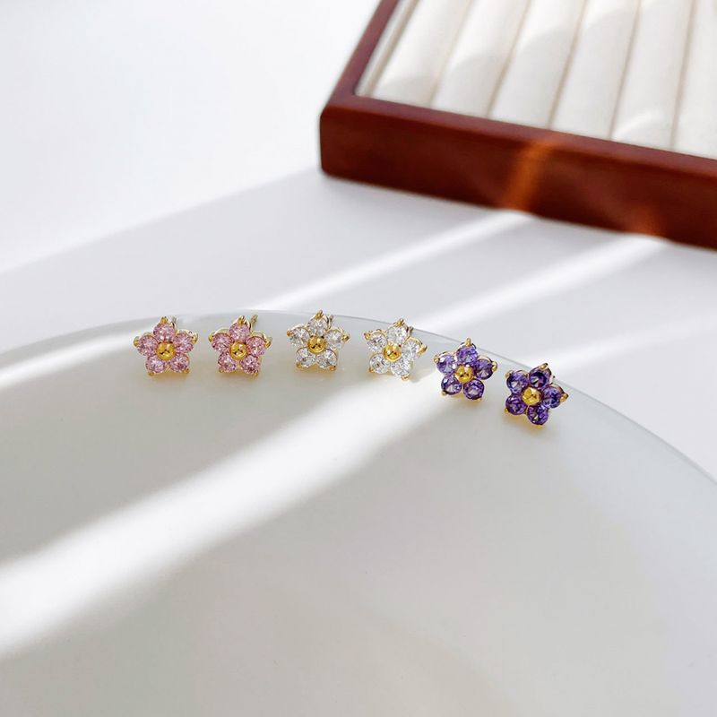 Right Grand Fashion Stainless Steel Small Flower Pink Crystal Earring Stud Earrings