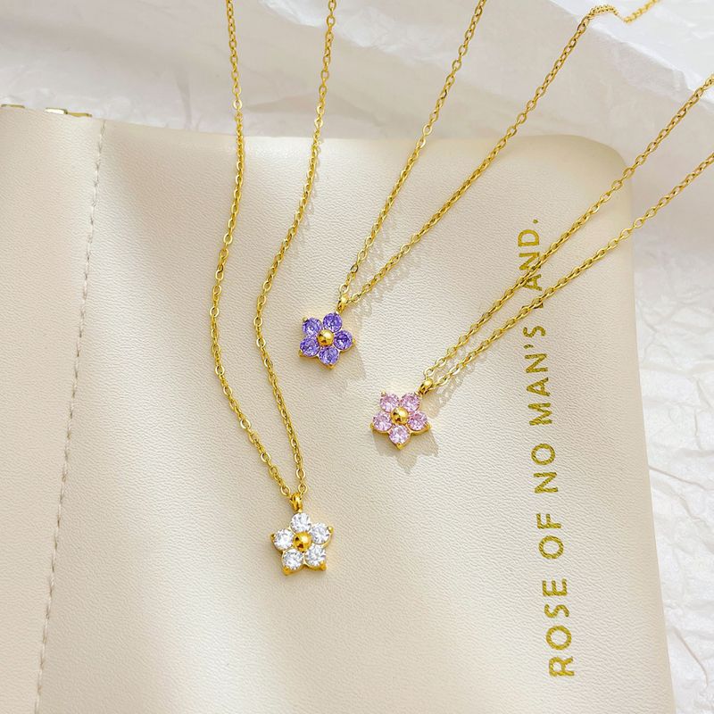 Right Grand Trendy Fashion Stainless Steel Thin Chain Small Flower Pink Crystal Pendant Necklace